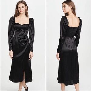 Reformation Women's Black Rey Long puff sleeves 100% Silk Dress Size 4